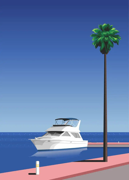 White yacht docked at a pier with a palm tree in the background