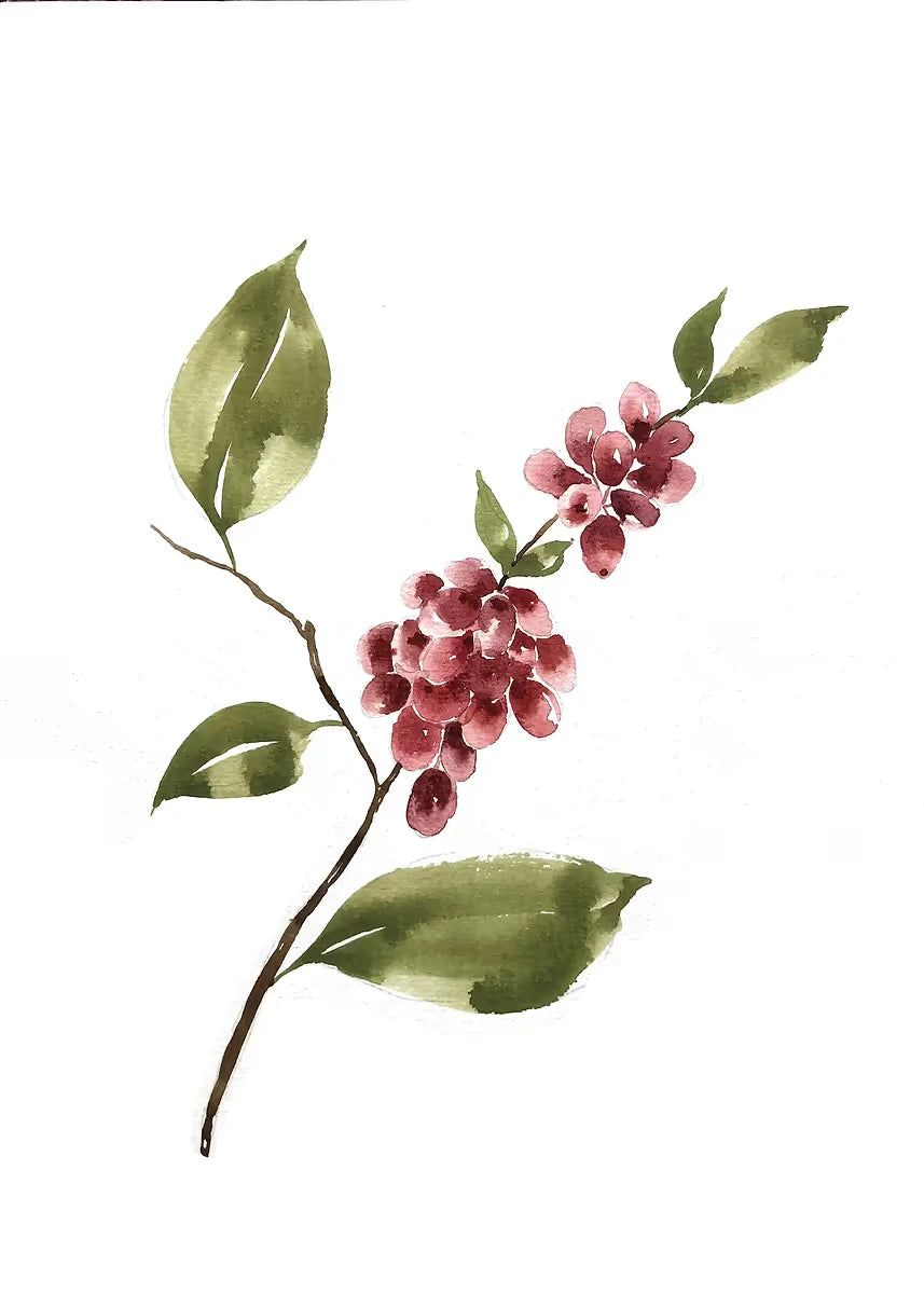 Watercolor painting of a branch with pink flowers and green leaves on a white background