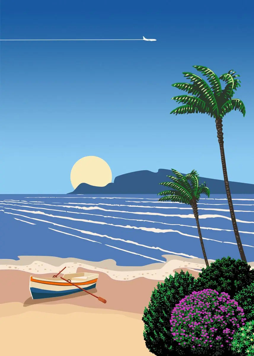 Beach scene with palm trees, boat, and mountain in the background