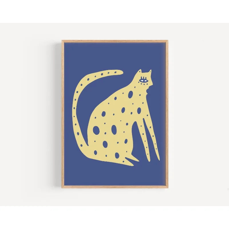 Framed artwork of a yellow cheetah on a blue background