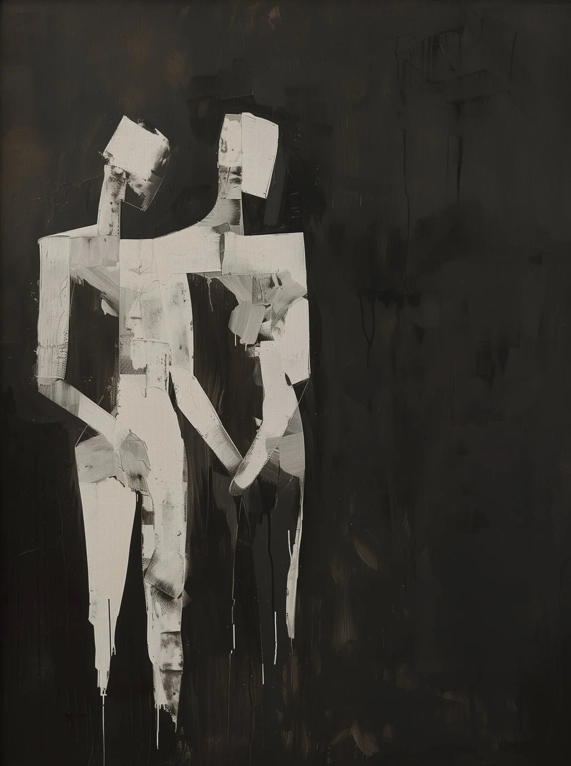 Abstract artwork of a figure made from cut-out paper on a dark background