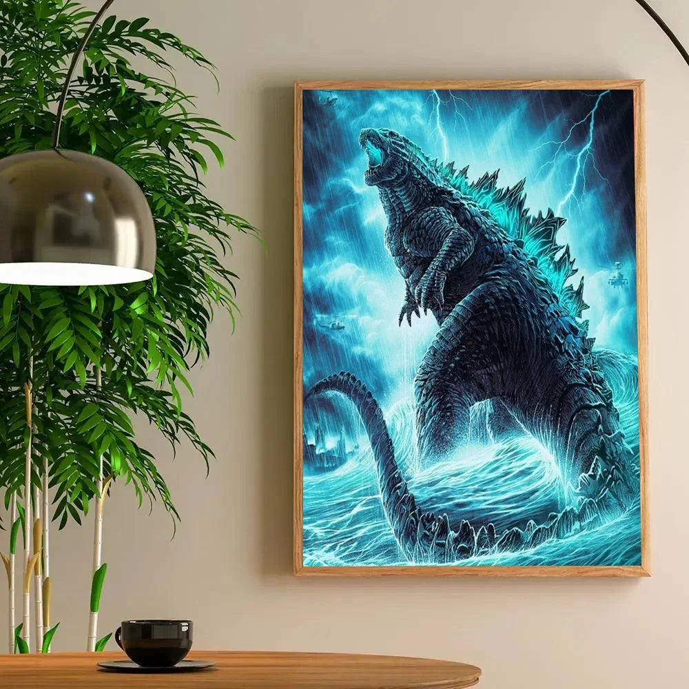 Framed artwork of a dragon-like creature in a blue and green color scheme on a wall with a plant and lamp in the foreground.