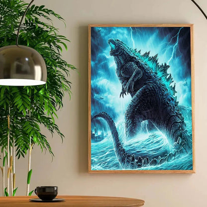 Framed artwork of a dragon-like creature in a blue and green color scheme on a wall with a plant and lamp in the foreground.