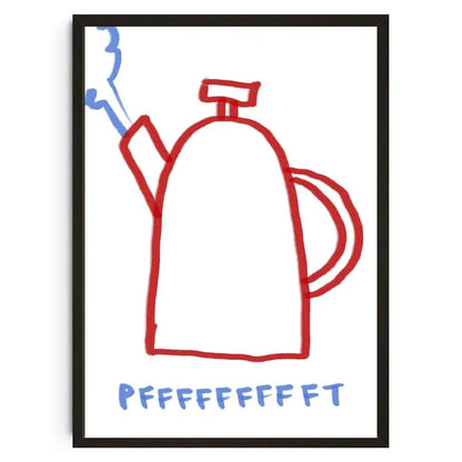 Red watering can with blue handle and exhaust symbol on a white background