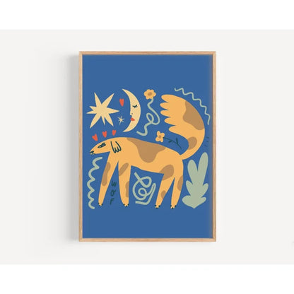 Framed artwork of a stylized dog with celestial elements on a blue background