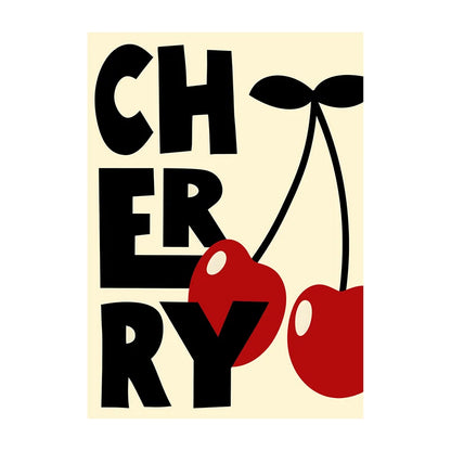 Poster with 'CHERRY' text and red cherries on a beige background