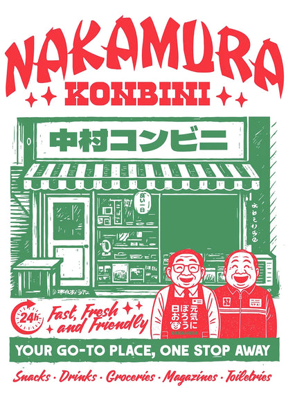 Advertisement for Nakamura Konbini with a store illustration and two characters in front.