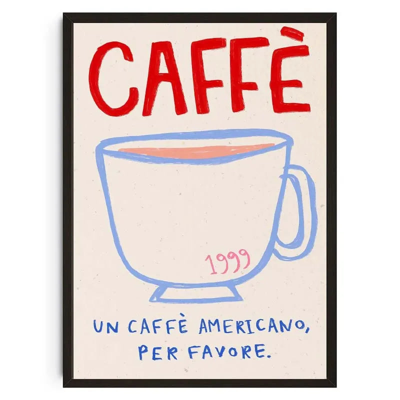 Poster with a blue coffee cup and red text on a beige background