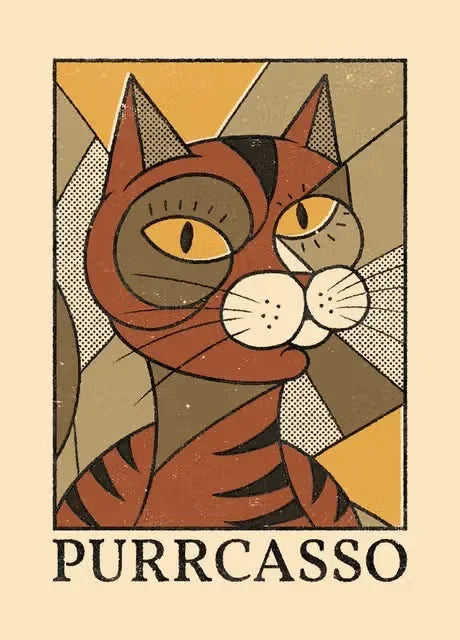 Illustration of a cat with geometric design elements and 'PURRCASSO' text on a beige background