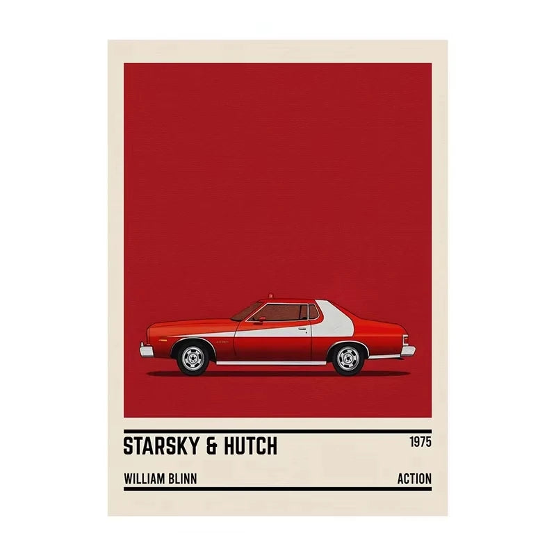 Poster of a red and white car with 'Starsky & Hutch' text on a red background