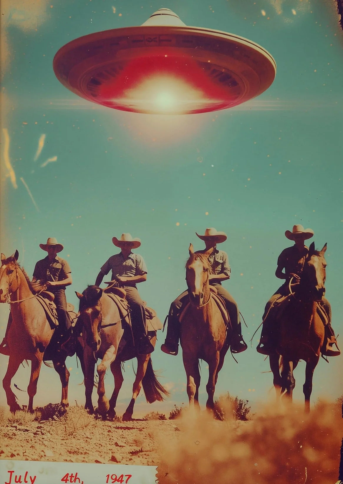Four cowboys on horseback with a UFO hovering above them, set against a desert landscape.