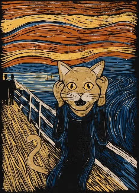 Cat version of 'The Scream' painting by Edvard Munch with a bridge and people in the background.