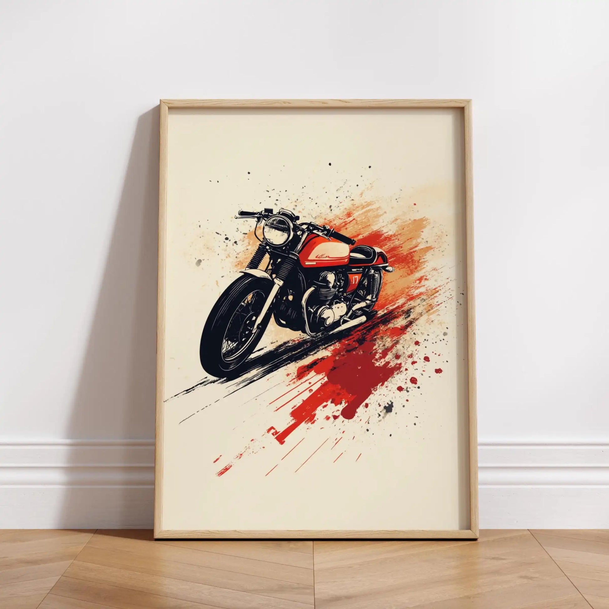 Framed artwork of a motorcycle with red and black design on a white wall.