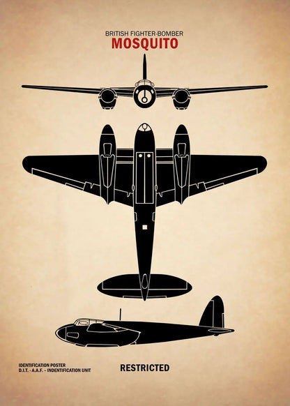 Black silhouette of a British fighter-bomber Mosquito on a beige background with text.