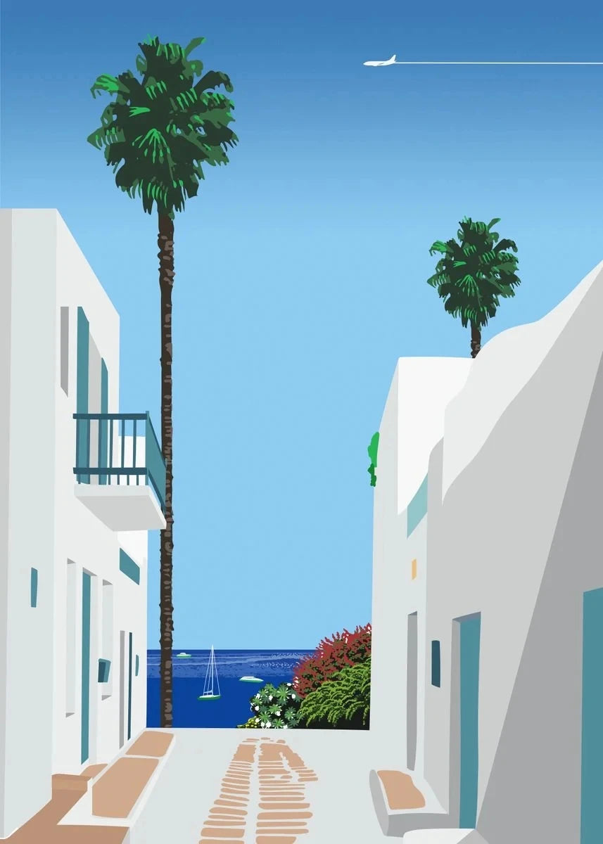 Illustration of a coastal street with white buildings, palm trees, and blue sky.