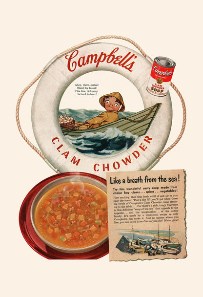 Vintage Campbell's Clam Chowder advertisement with life buoy, soup bowl, and newspaper.