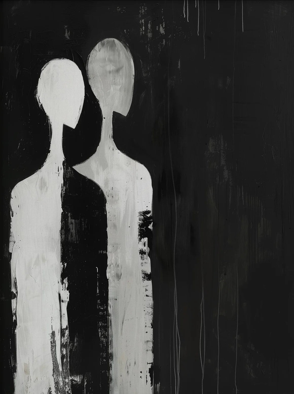 Abstract black and white artwork of two humanoid figures on a textured dark background