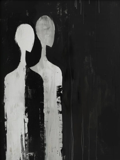 Abstract black and white artwork of two humanoid figures on a textured dark background