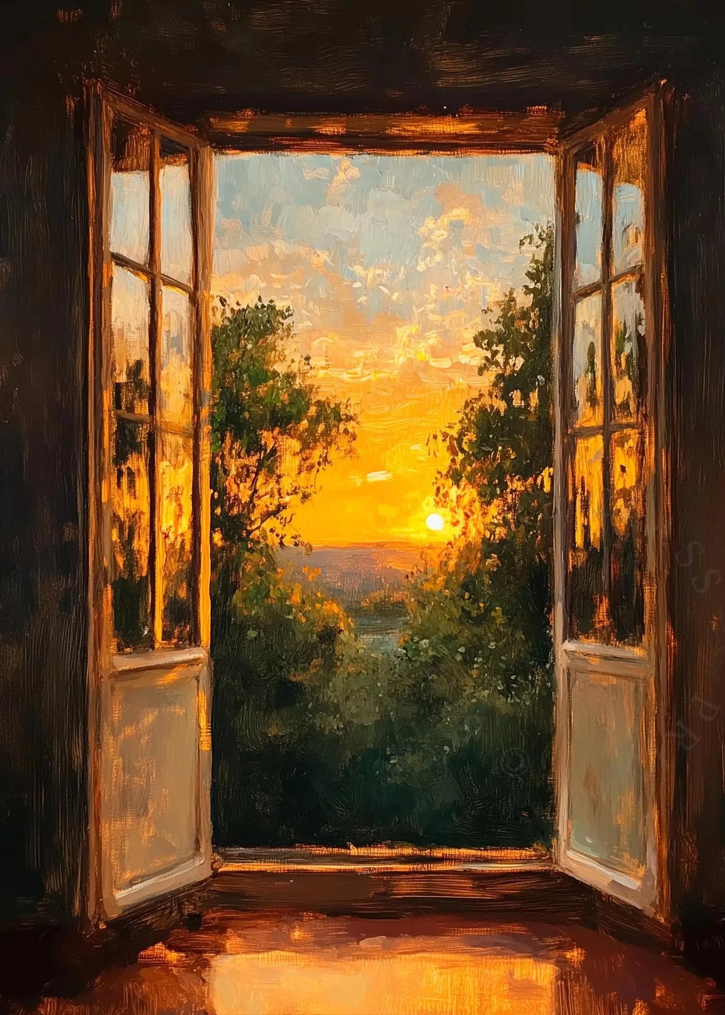 Open window with view of a sunset over trees