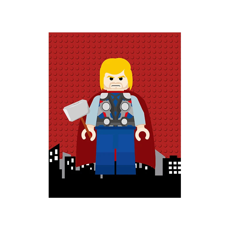 LEGO figure of a superhero with a red background