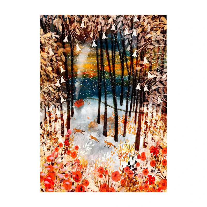 Winter forest scene with snow, trees, and animals surrounded by autumn foliage.