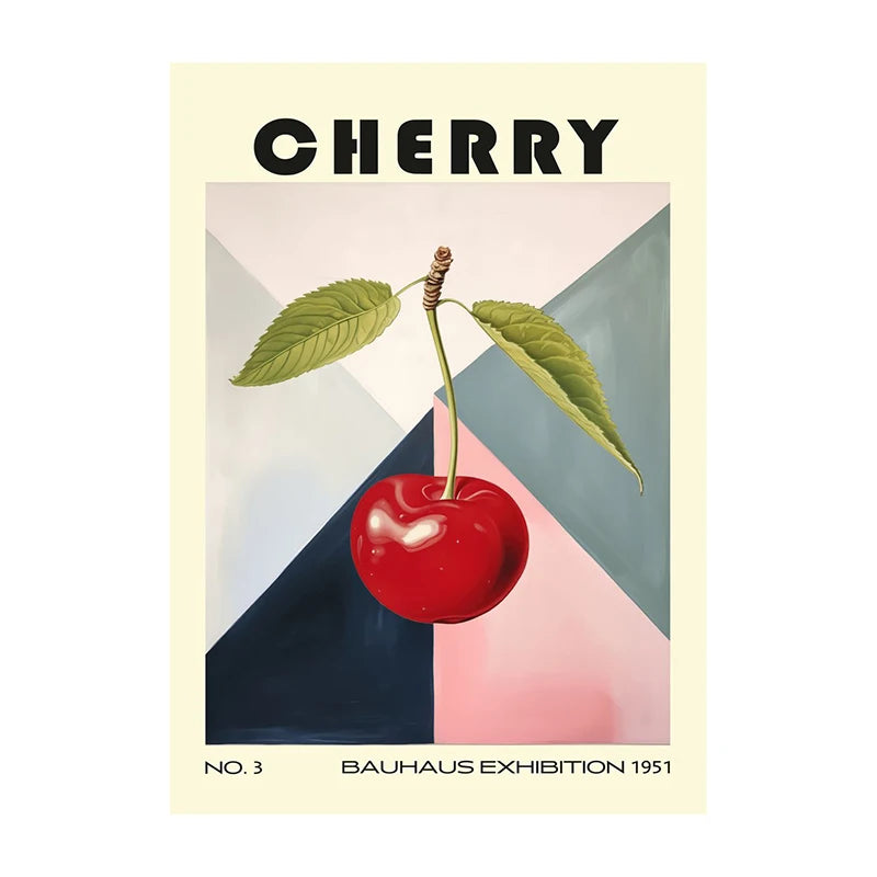 Poster of a cherry with geometric background and 'CHERRY' text, inspired by Bauhaus Exhibition 1931.