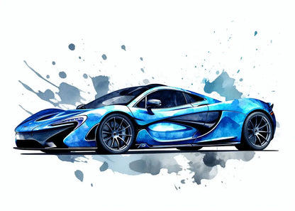 Blue sports car with artistic watercolor background
