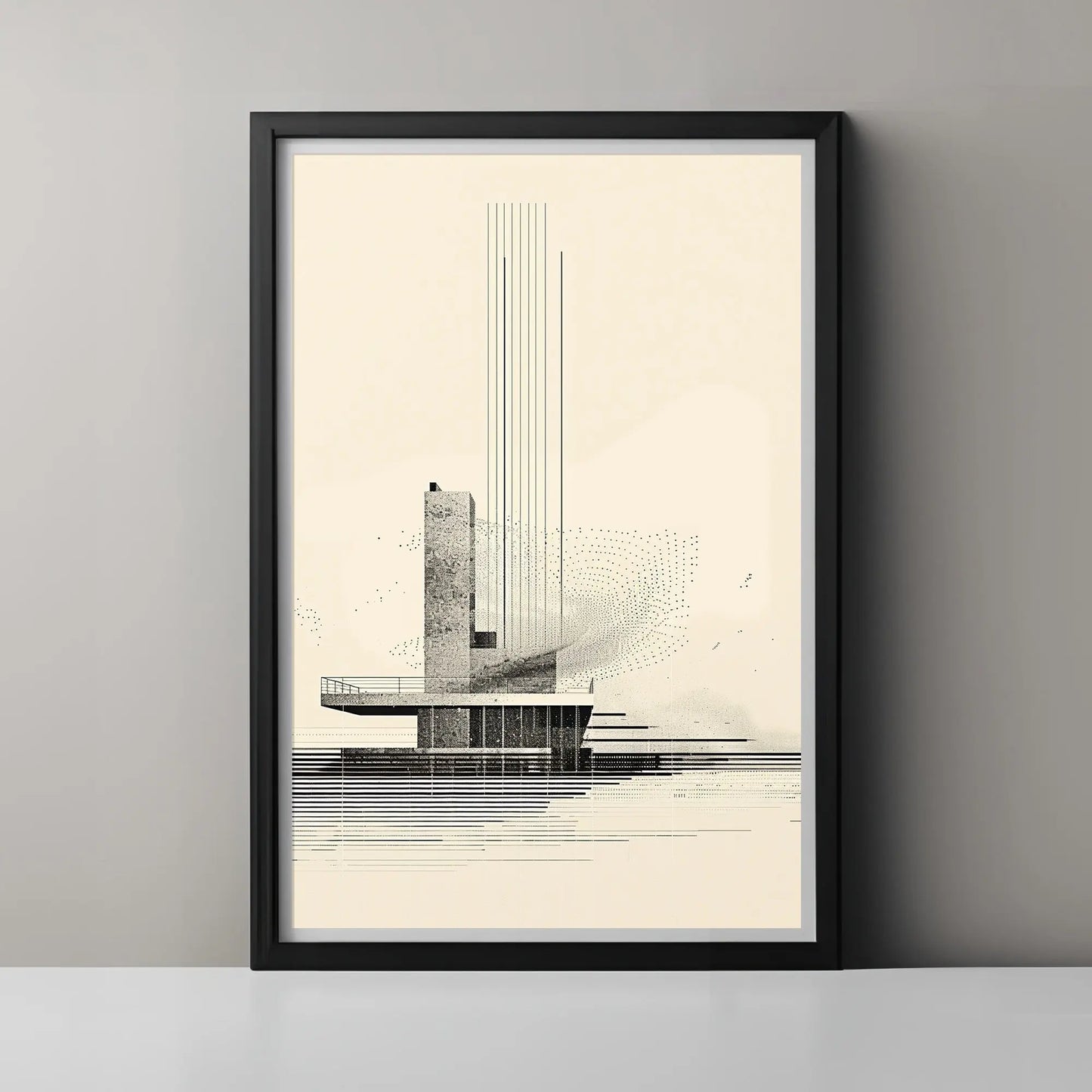 Framed architectural drawing on a gray wall