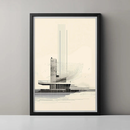 Framed architectural drawing on a gray wall