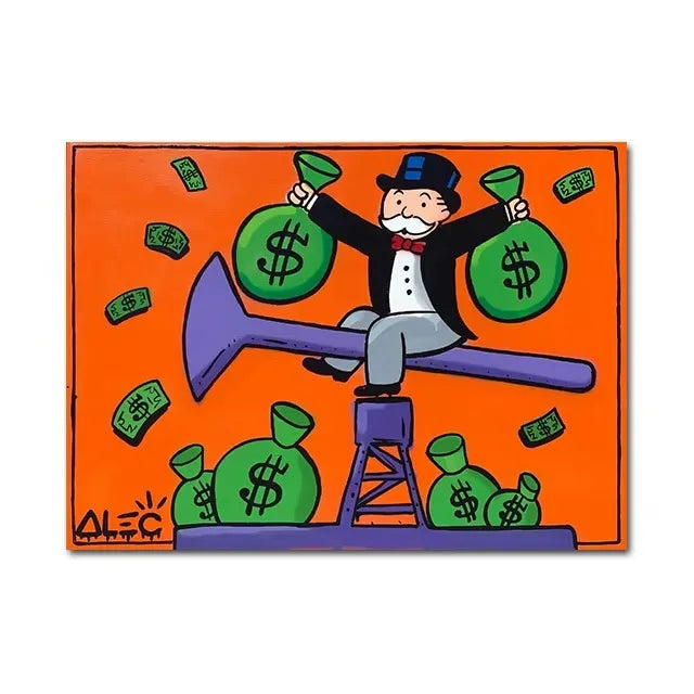Cartoon character in a top hat holding money bags on an orange background with 'Alec' signature.