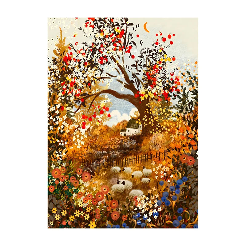 Colorful autumn landscape with trees, flowers, and sheep in a pastoral scene.