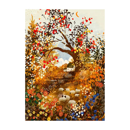 Colorful autumn landscape with trees, flowers, and sheep in a pastoral scene.