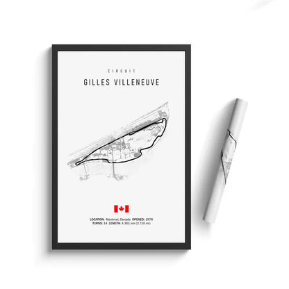Framed poster of Gilles Villeneuve Circuit with a map and Canadian flag on a white background