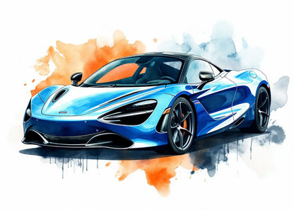 Blue sports car with watercolor effect on a white background
