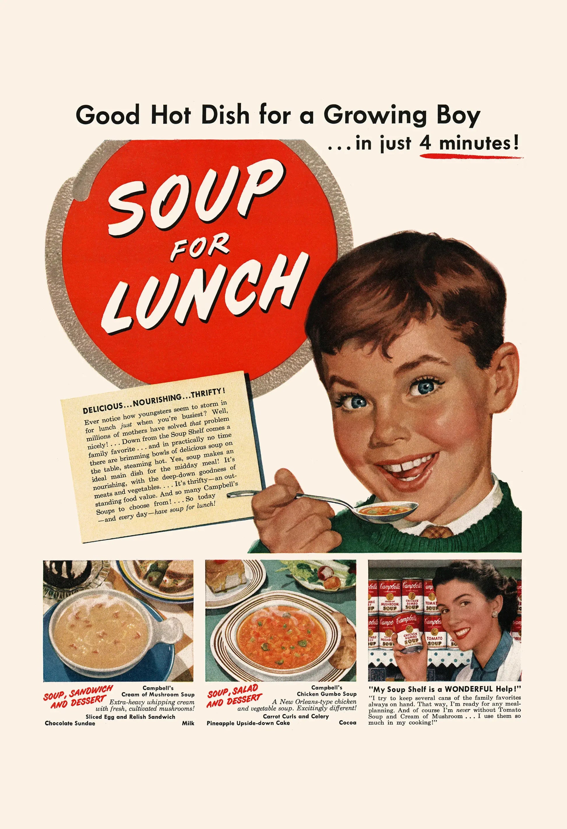 Vintage advertisement for soup for lunch with a boy holding a spoon and text about quick meal solution.