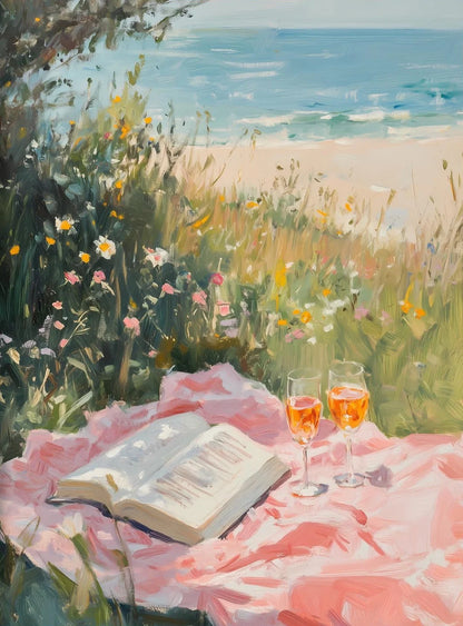 Painting of a picnic by the sea with an open book and two glasses of wine on a pink blanket.