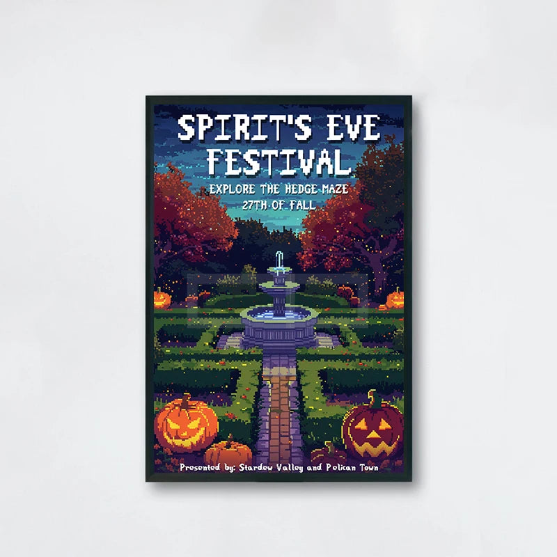Promotional poster for Spirit's Eve Festival with pumpkins and a fountain.