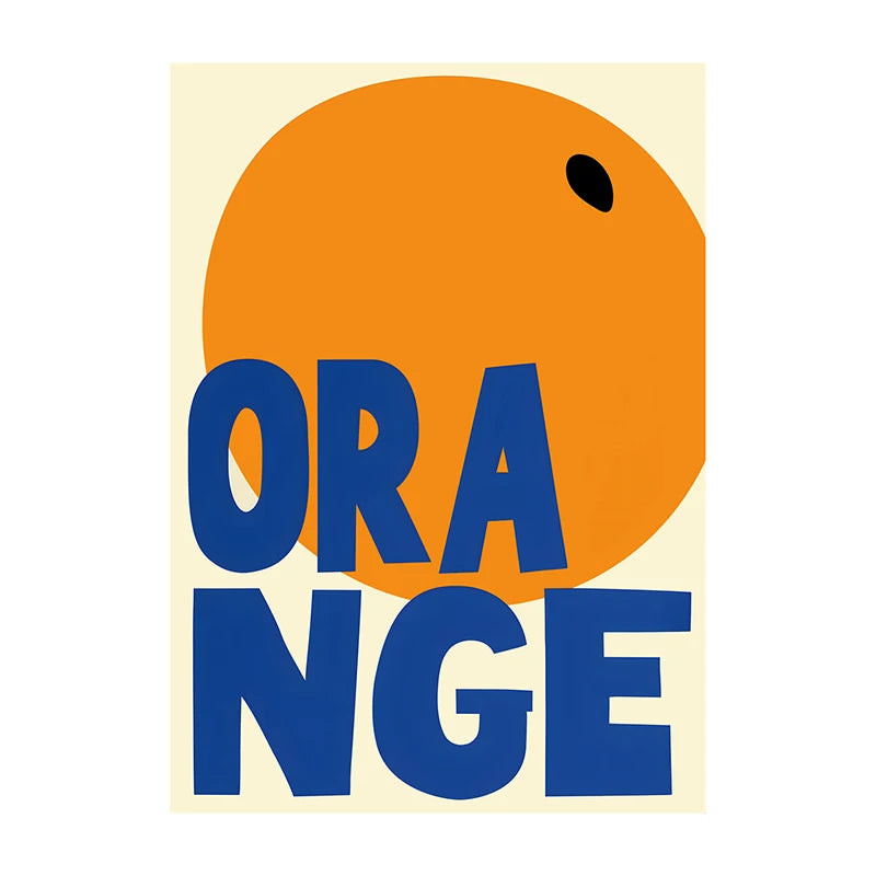 Poster with an orange circle and blue text spelling 'ORANGE' on a beige background