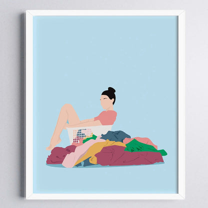 Illustration of a woman sitting on a laundry basket with clothes on a light blue background