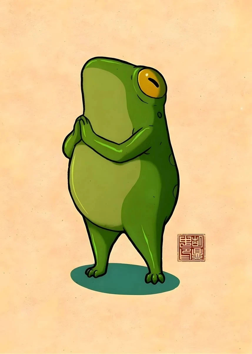 Cartoon frog hugging itself on a beige background