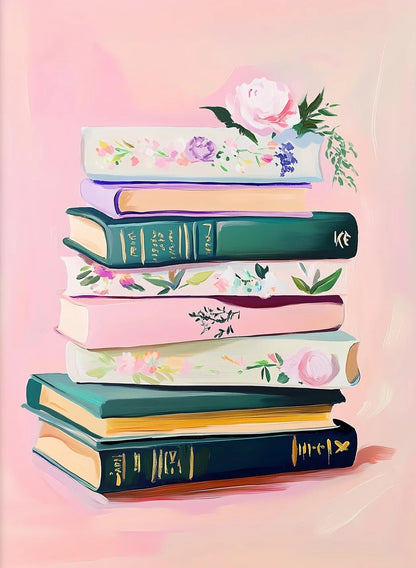 Stack of books with floral designs on a pink background