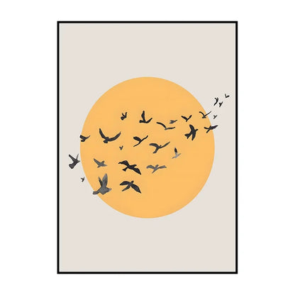 Framed artwork with a yellow circle and black birds on a beige background