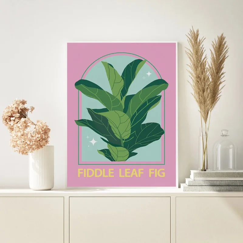 Fiddle leaf fig plant illustration on a pink background with decorative elements.