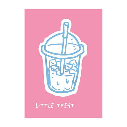 Illustration of a drink with a straw on a pink background, labeled 'Little Treat'.