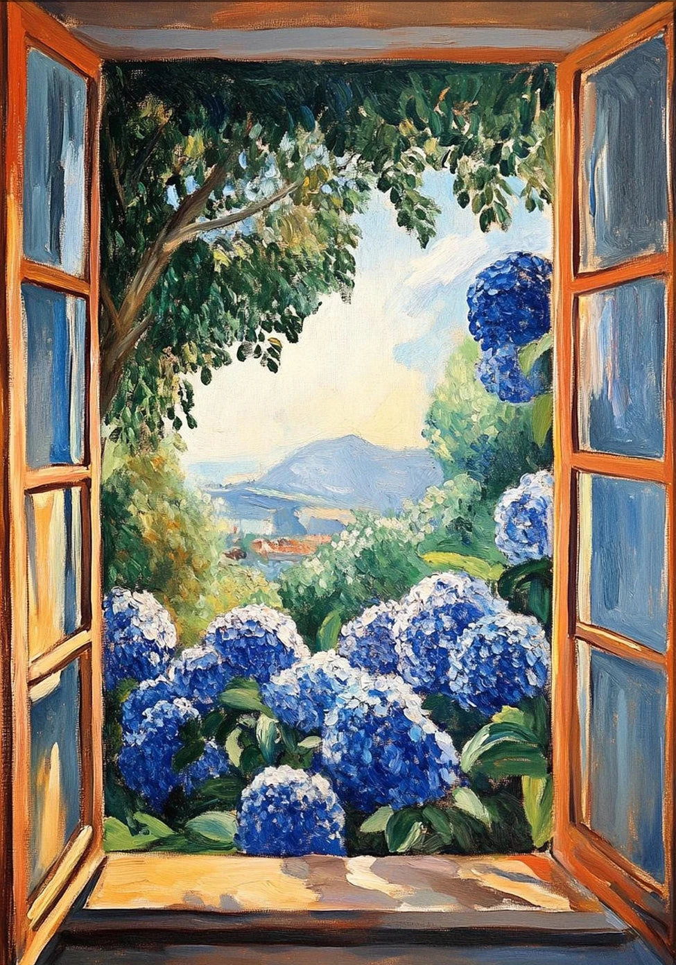 Open window with view of blue flowers and mountain landscape