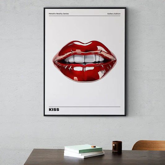 Framed poster of red lips with the word 'KISS' on a gray wall above a table. Canvas & Curio