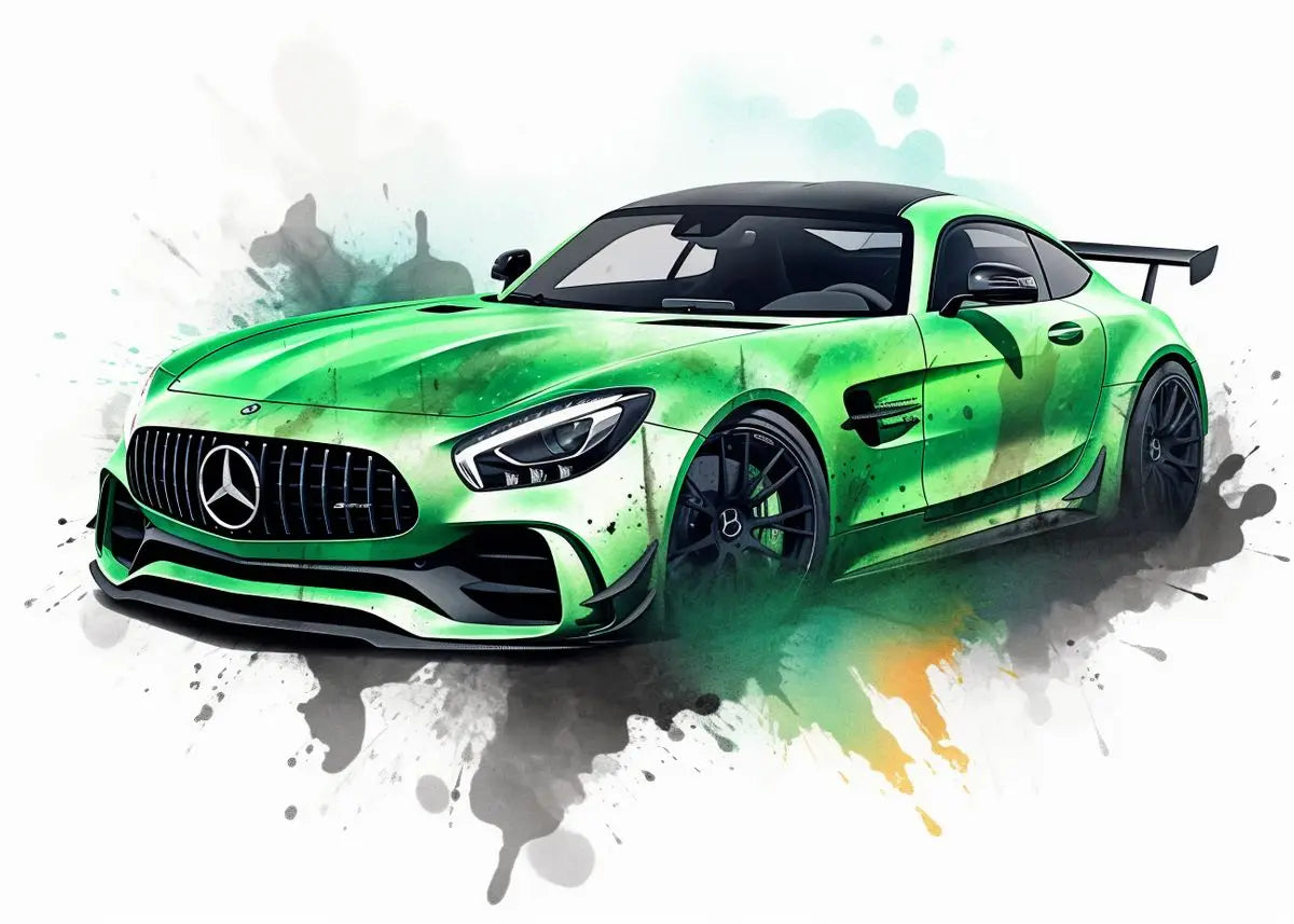 Green sports car with watercolor effect on a white background