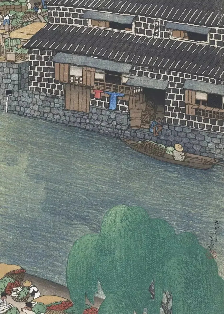 Traditional Japanese scene with a river, buildings, and people.