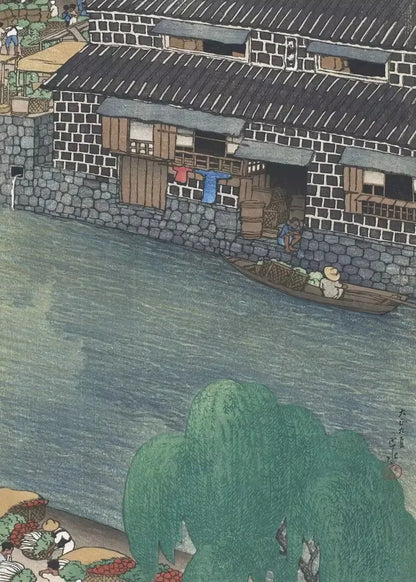 Traditional Japanese scene with a river, buildings, and people.