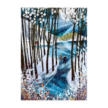 Winter scene with people walking through a snowy forest